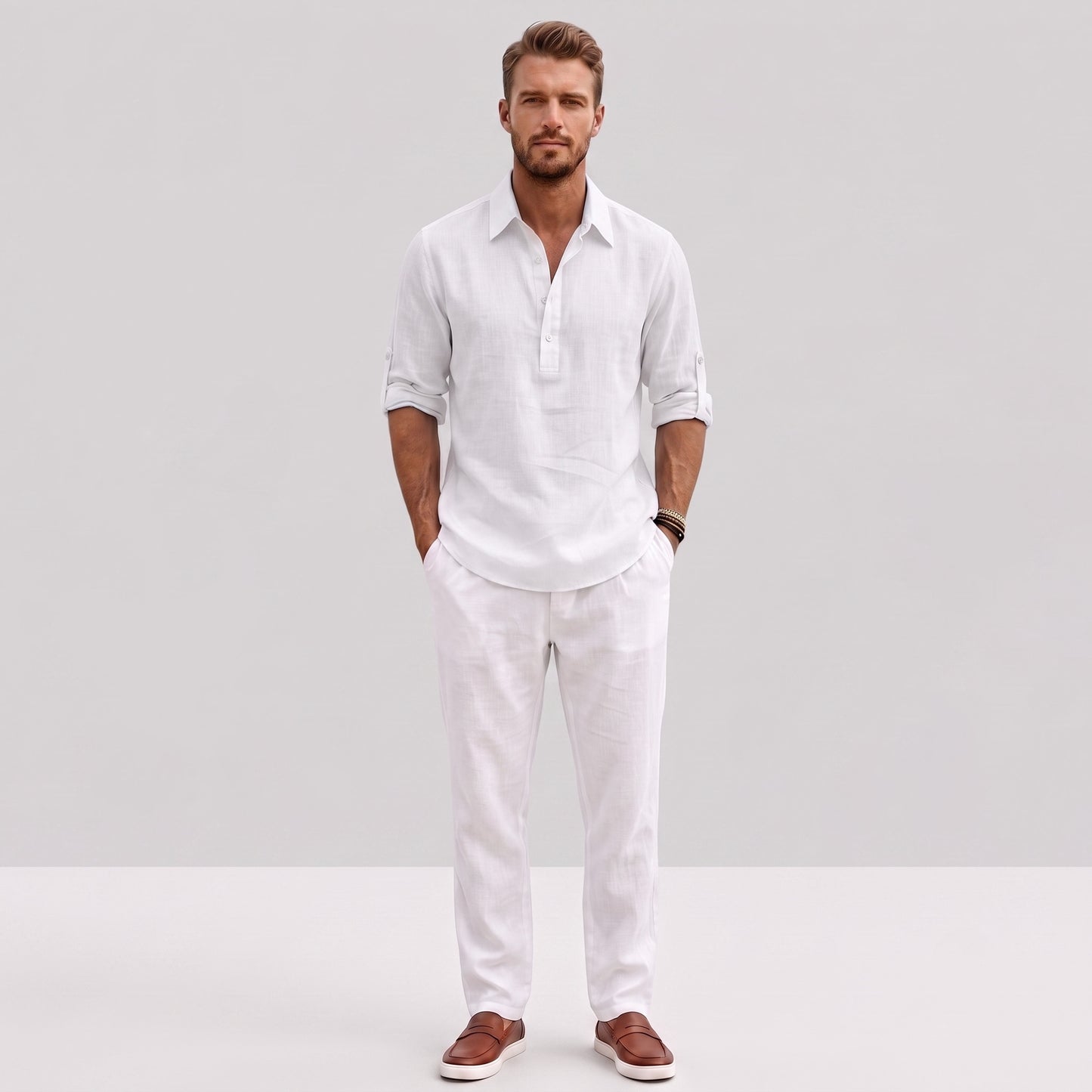 Auldweave Men's Polo Shirt Casual Linen Look Grandad Henley Breathable