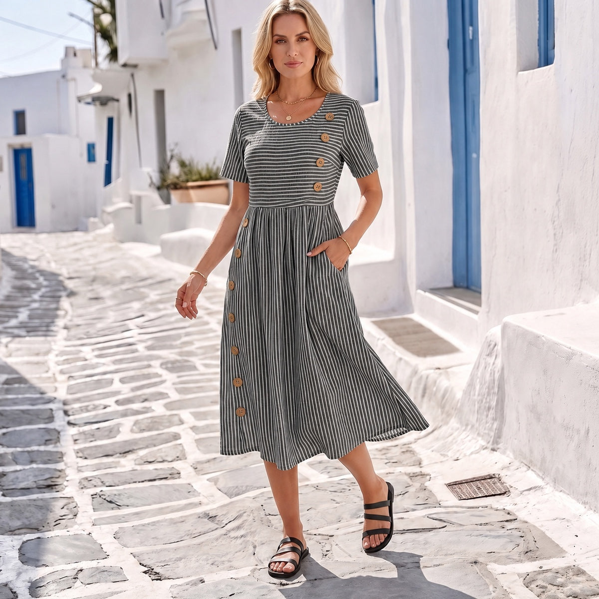 Women's Striped Linen Look Midi Dress with Pockets - Short Sleeve Summer Day Sundress