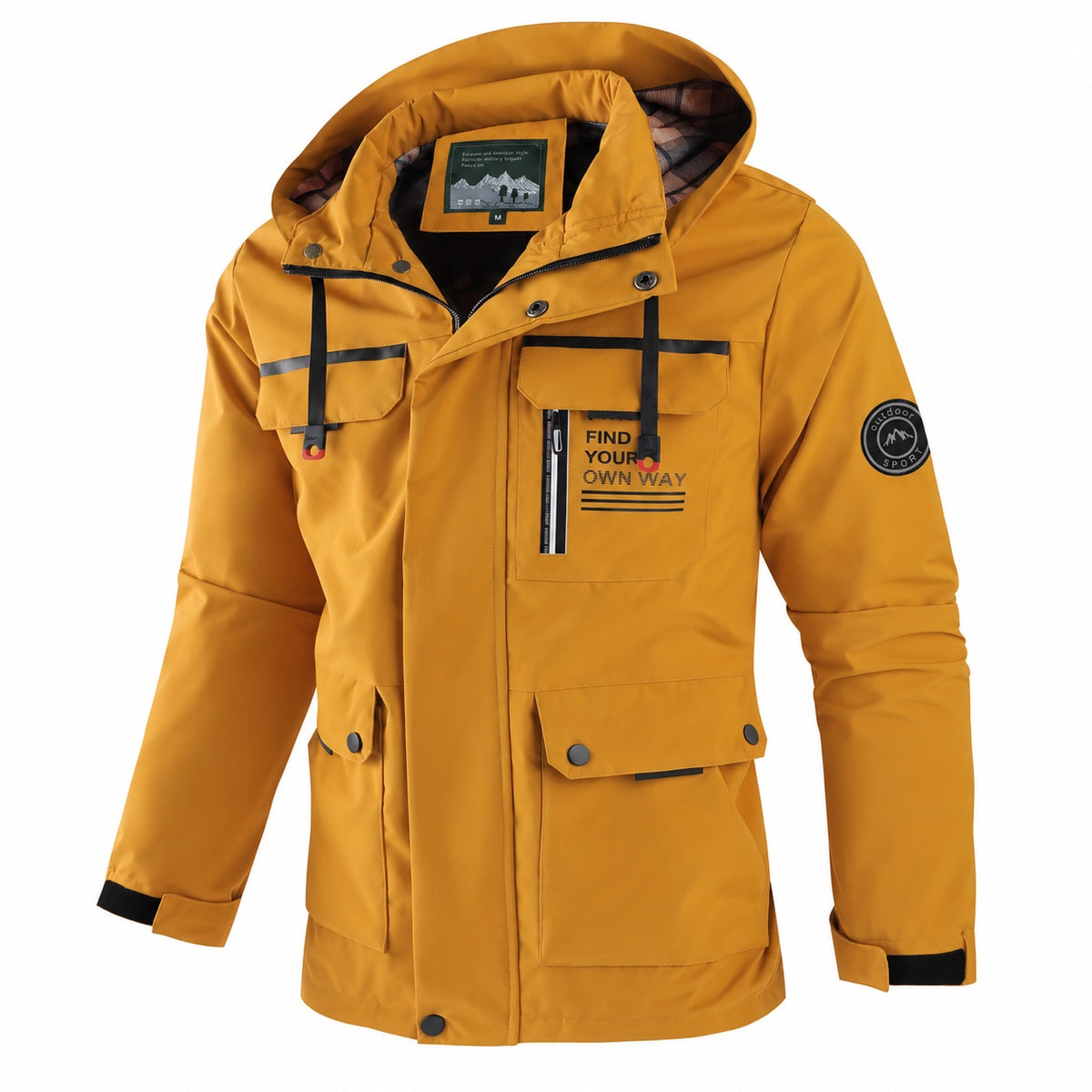 Ochre detachable-hood utility jacket, front three-quarter view.
