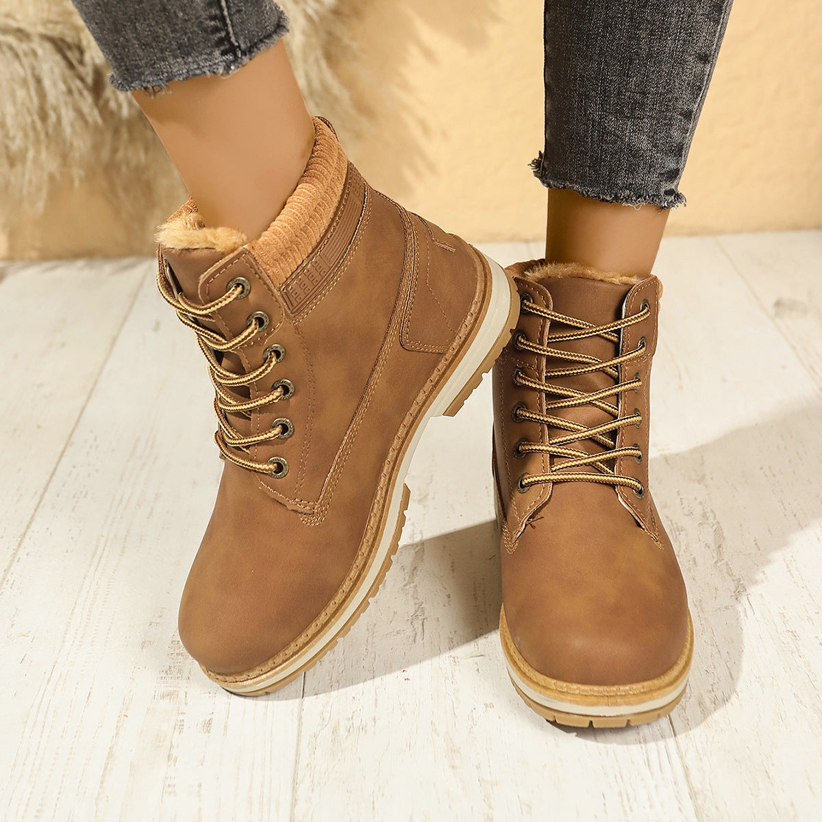 Faux-fur-lined winter ankle boots – tan pair lace-up front view