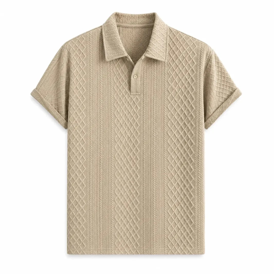 Stone beige men's textured jacquard short-sleeve polo shirt on a white background