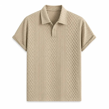 Stone beige men's textured jacquard short-sleeve polo shirt on a white background