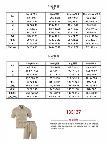 Men's textured jacquard polo shirt and shorts set size chart, S to 5XL