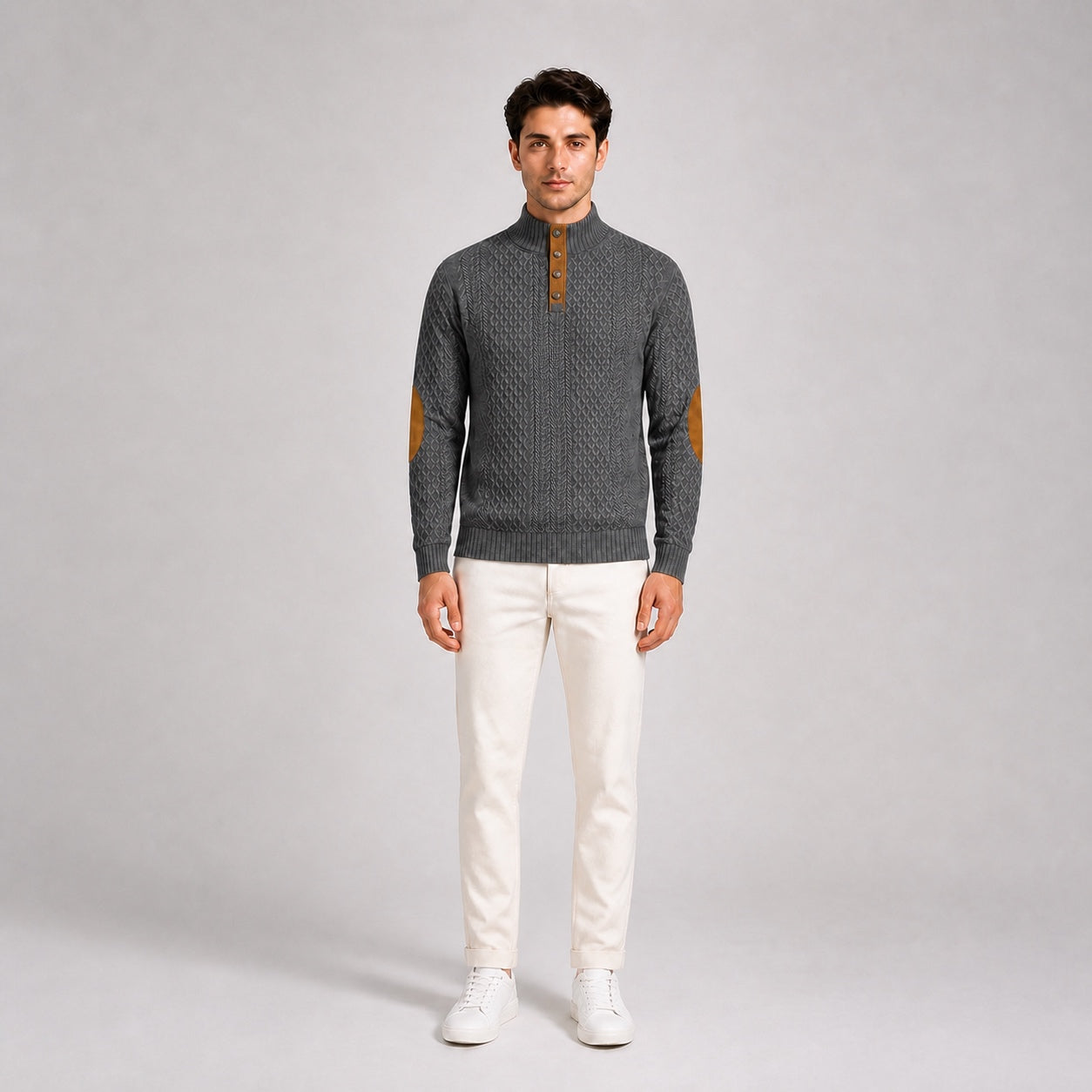 Model wearing the Charcoal Grey men's textured stand-collar pullover with white trousers, front full-body studio view