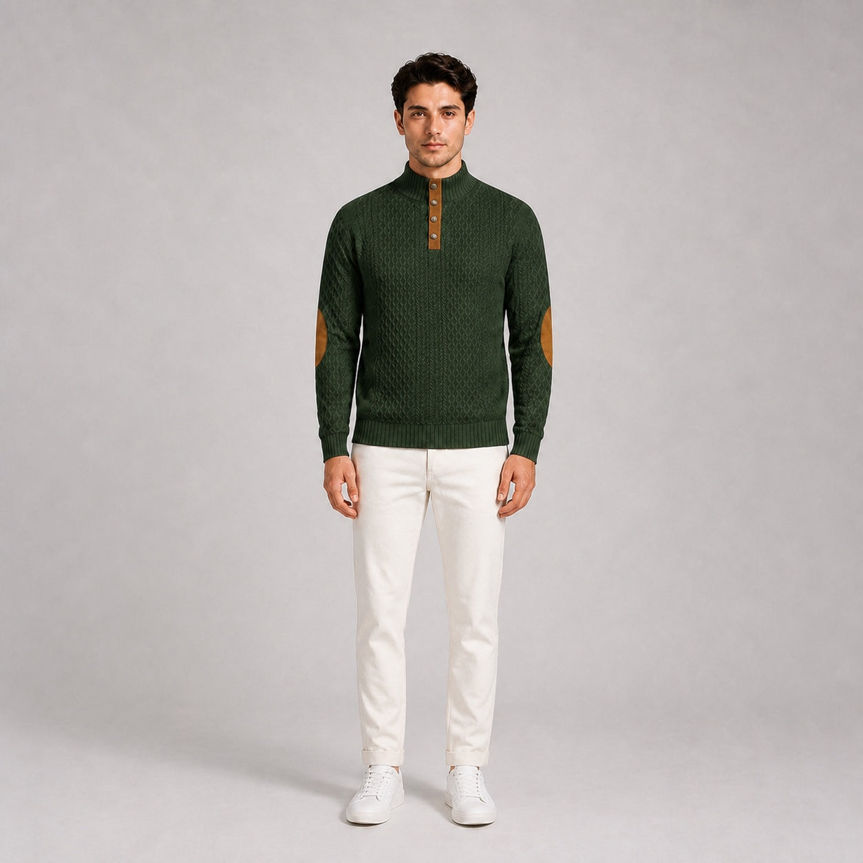 Model wearing the Forest Green men's textured stand-collar pullover with white trousers, front full-body studio view
