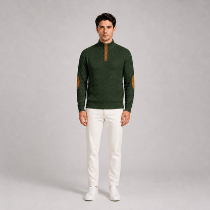 Model wearing the Forest Green men's textured stand-collar pullover with white trousers, front full-body studio view