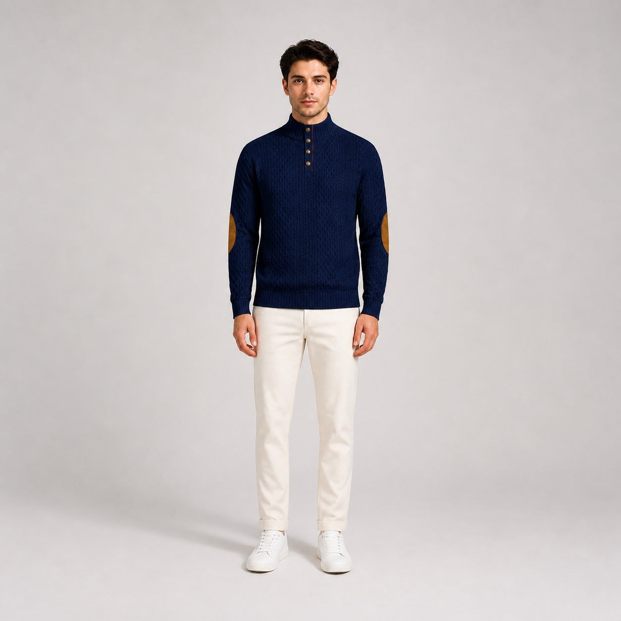 Model wearing the Deep Navy men's textured stand-collar pullover with white trousers, front full-body studio view