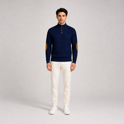 Model wearing the Deep Navy men's textured stand-collar pullover with white trousers, front full-body studio view