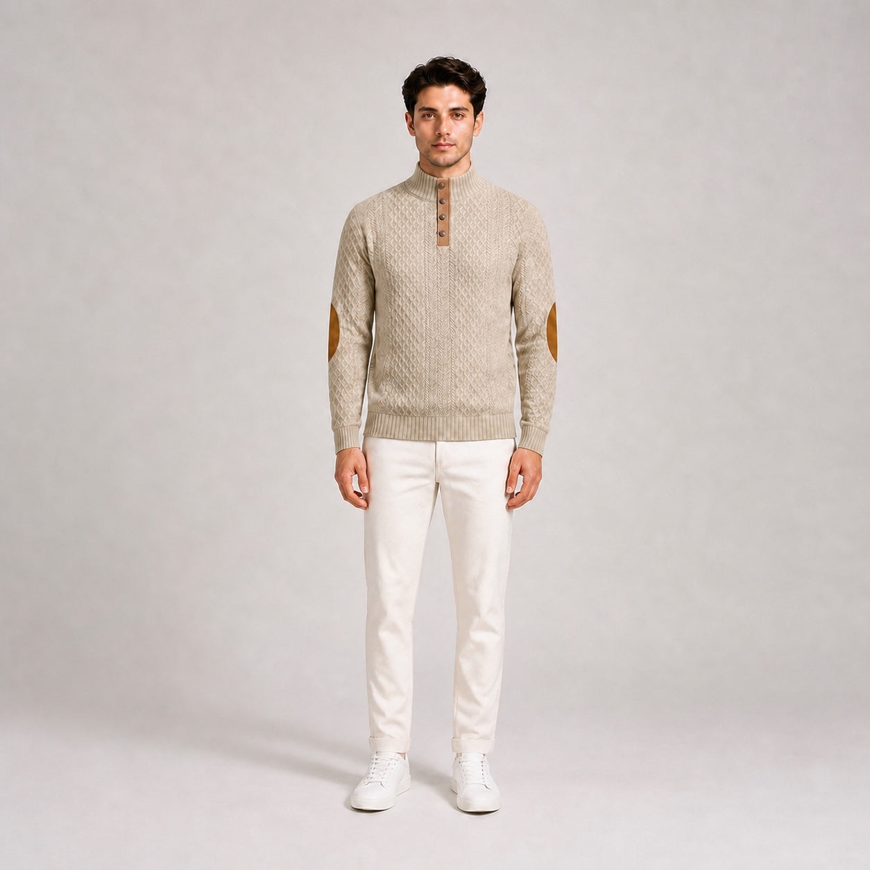 Model wearing the Oatmeal men's textured stand-collar pullover with white trousers, front full-body studio view