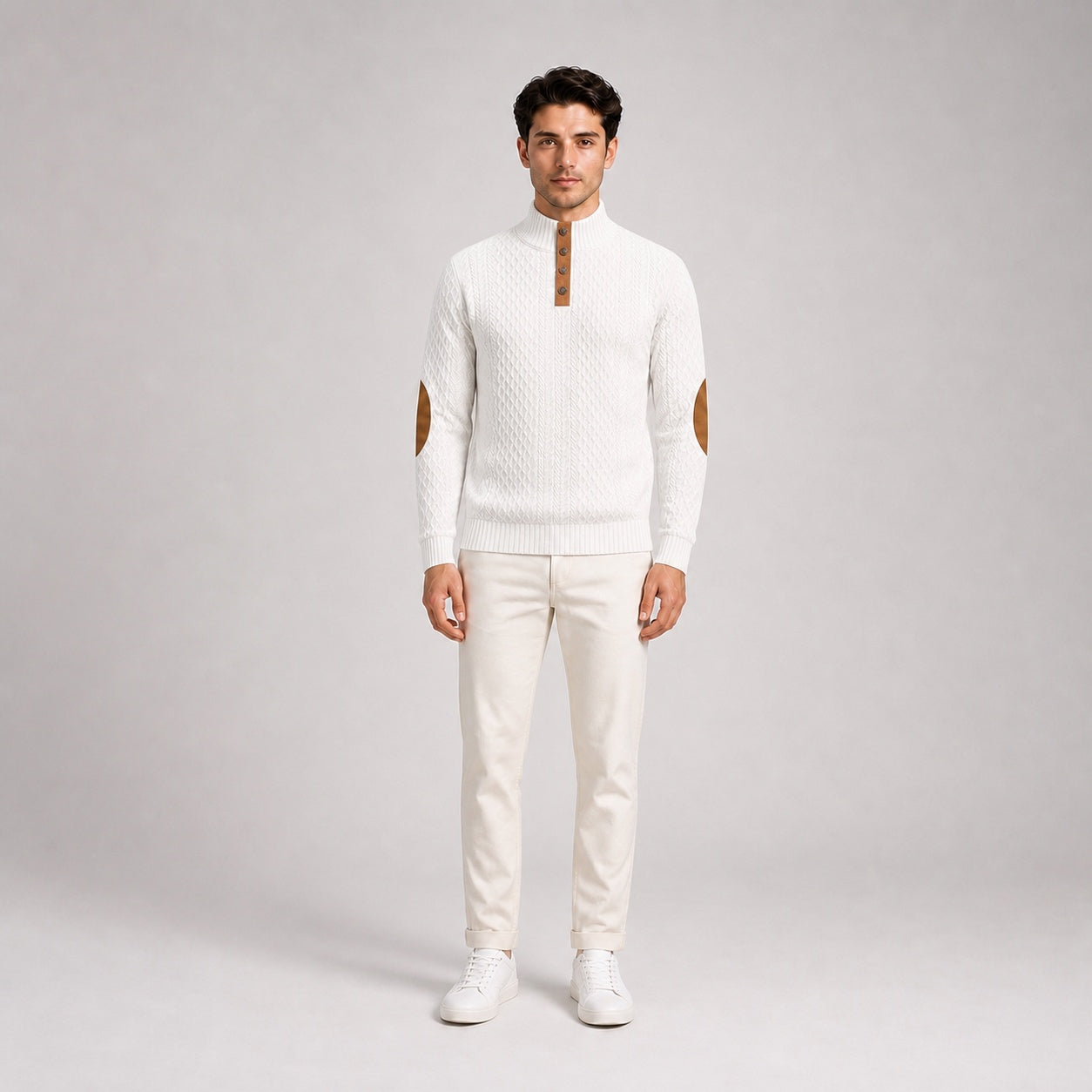 Model wearing the White men's textured stand-collar pullover with white trousers, front full-body studio view