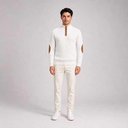 Model wearing the White men's textured stand-collar pullover with white trousers, front full-body studio view