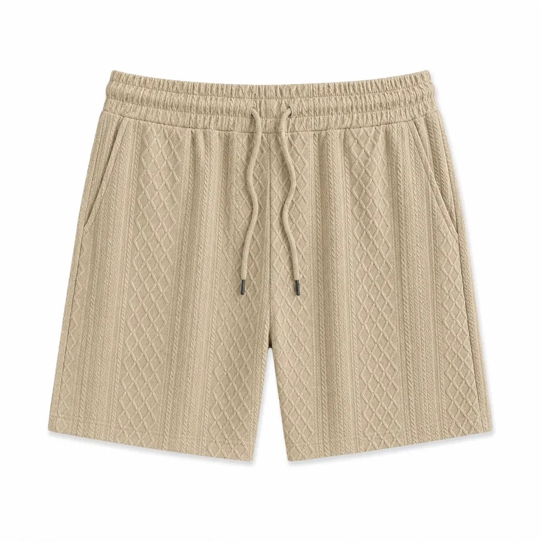 Stone beige men's textured jacquard drawstring shorts on a white background