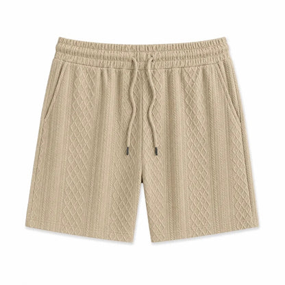 Stone beige men's textured jacquard drawstring shorts on a white background
