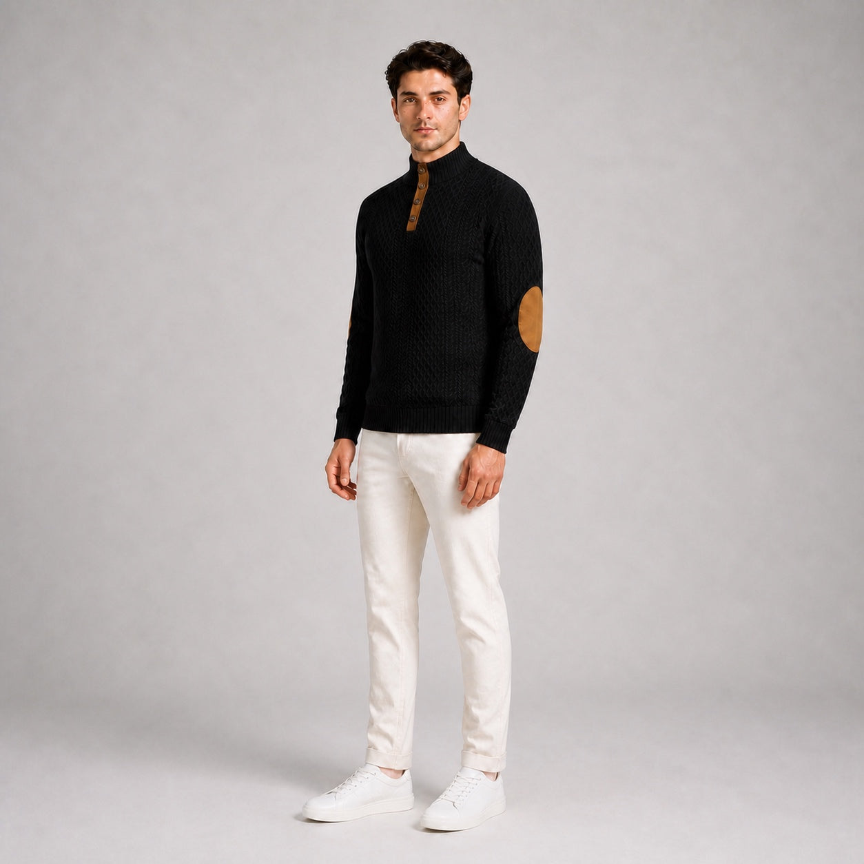 Model wearing the Black men's textured stand-collar pullover with white trousers, natural 45-degree studio view