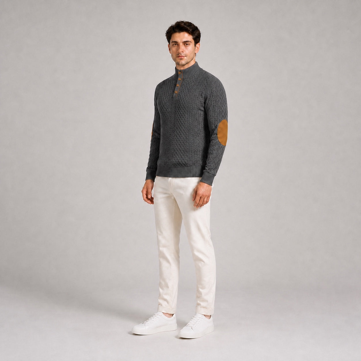 Model wearing the Charcoal Grey men's textured stand-collar pullover with white trousers, natural 45-degree studio view