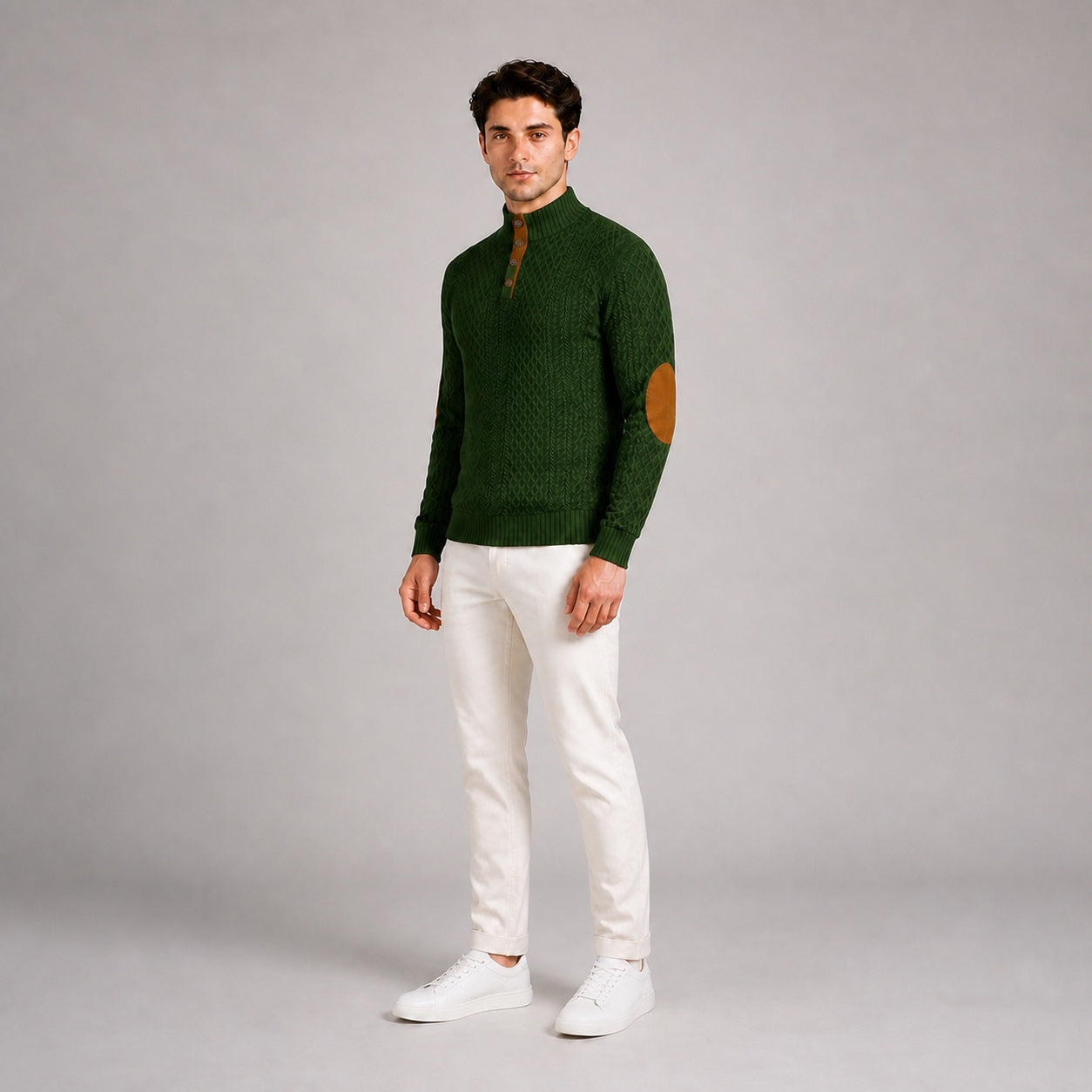 Model wearing the Forest Green men's textured stand-collar pullover with white trousers, natural 45-degree studio view