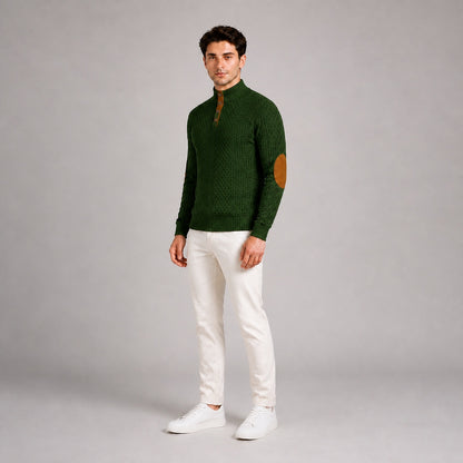 Model wearing the Forest Green men's textured stand-collar pullover with white trousers, natural 45-degree studio view