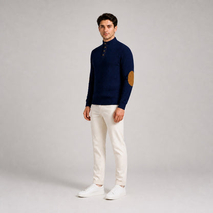 Model wearing the Deep Navy men's textured stand-collar pullover with white trousers, natural 45-degree studio view