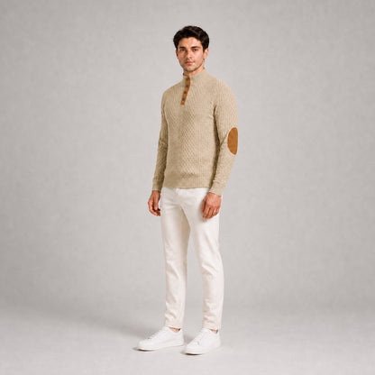 Model wearing the Oatmeal men's textured stand-collar pullover with white trousers, natural 45-degree studio view