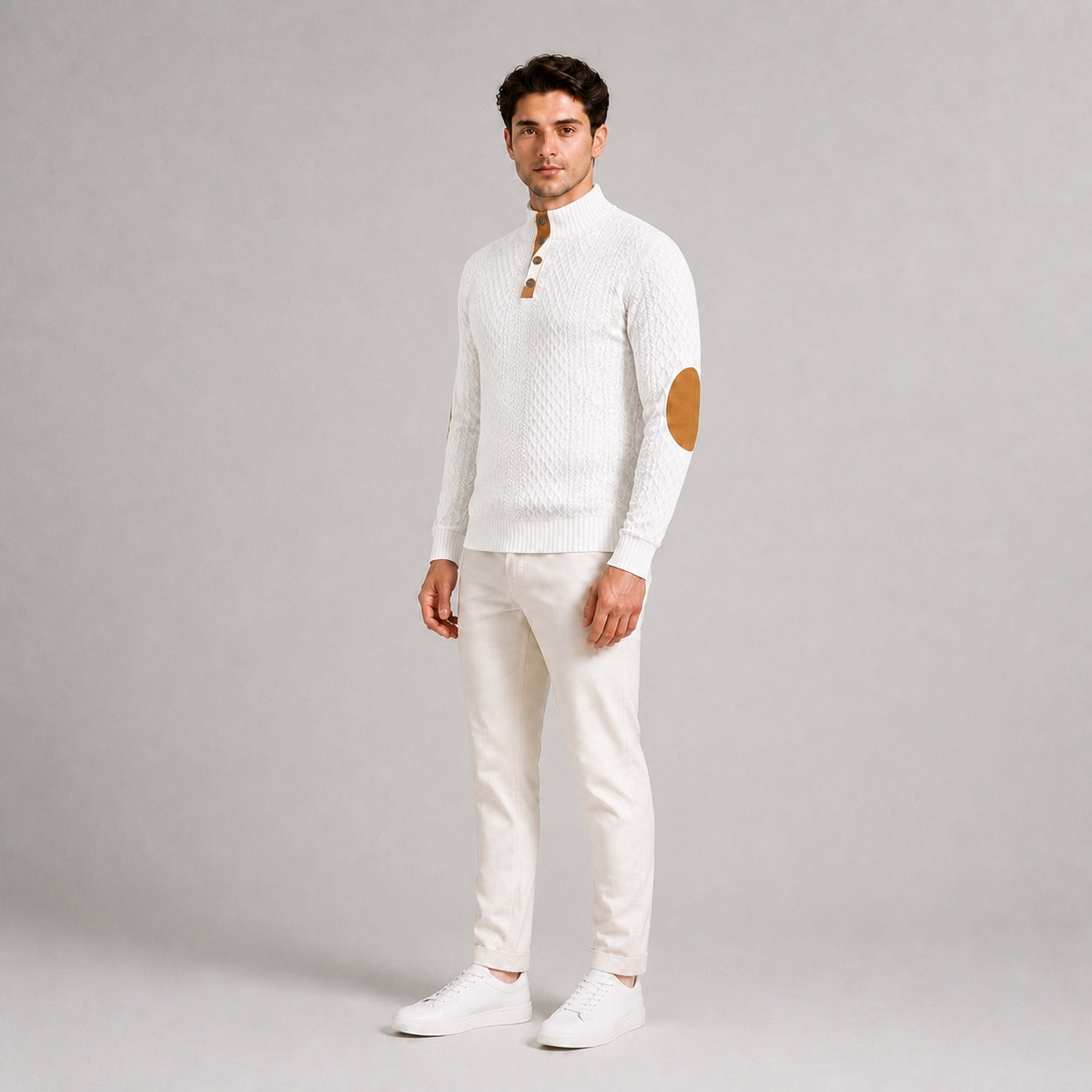 Model wearing the White men's textured stand-collar pullover with white trousers, natural 45-degree studio view
