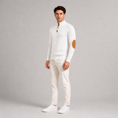 Model wearing the White men's textured stand-collar pullover with white trousers, natural 45-degree studio view