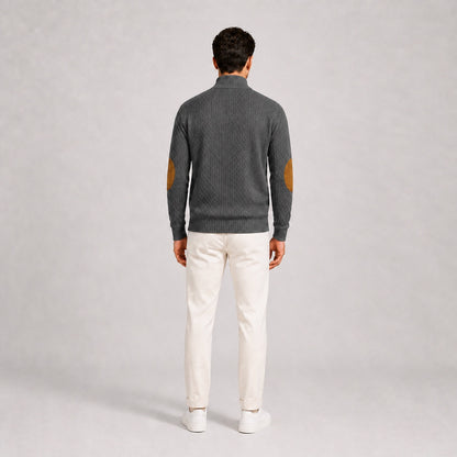 Model wearing the Charcoal Grey men's textured stand-collar pullover with white trousers, back full-body studio view