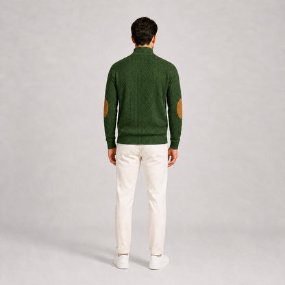 Model wearing the Forest Green men's textured stand-collar pullover with white trousers, back full-body studio view