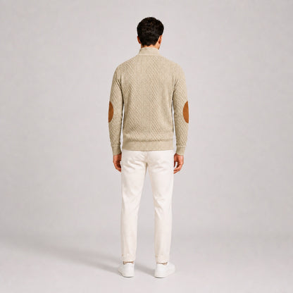 Model wearing the Oatmeal men's textured stand-collar pullover with white trousers, back full-body studio view