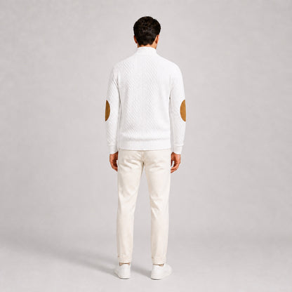 Model wearing the White men's textured stand-collar pullover with white trousers, back full-body studio view