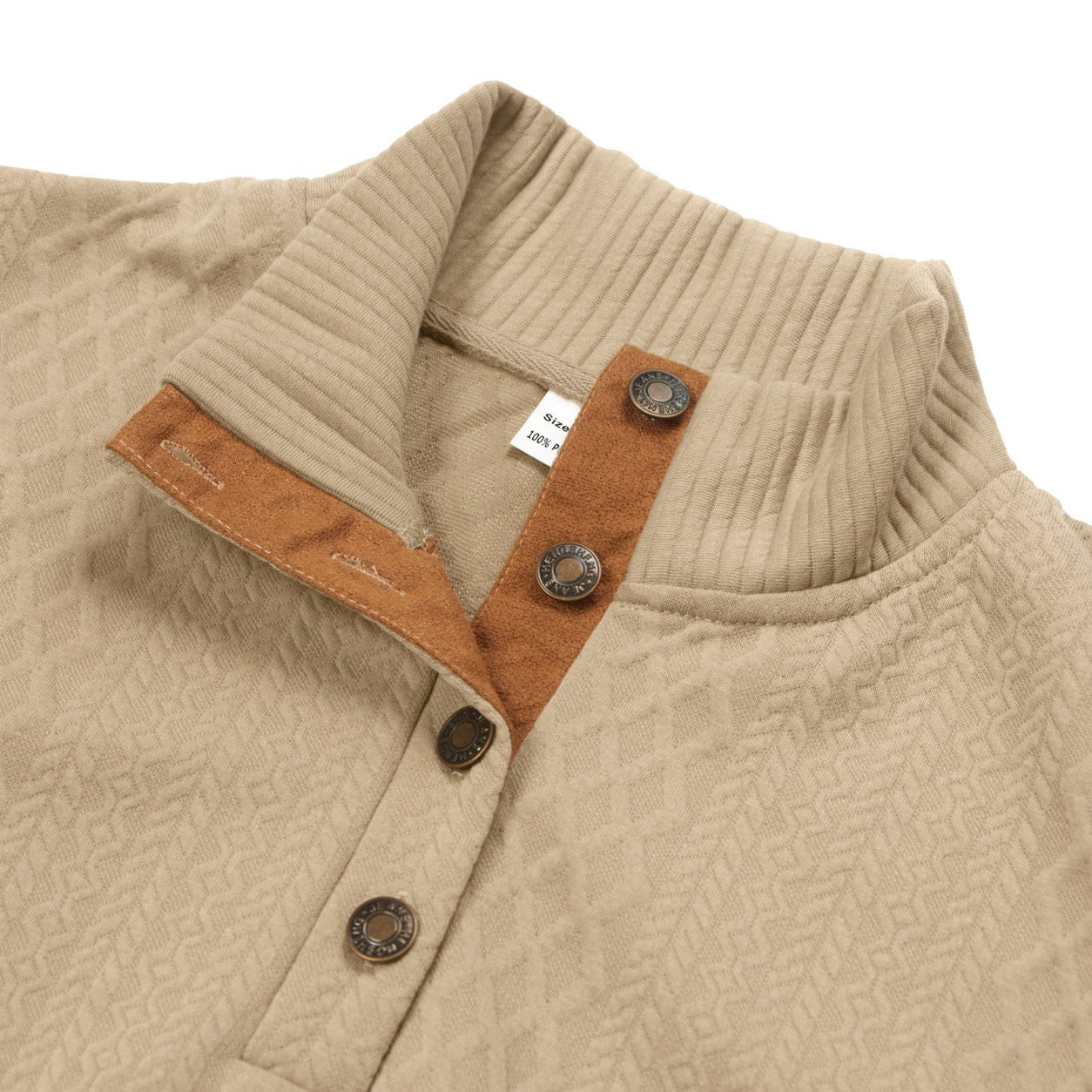 Oatmeal men's textured stand-collar pullover, ribbed collar and four-button placket product detail