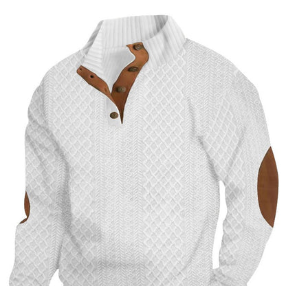 White men's textured stand-collar pullover, product-only front detail with ribbed collar and elbow patches