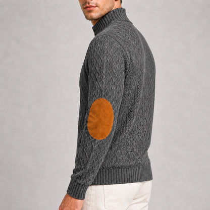 Close-up of the contrast elbow patch and jacquard texture on the Charcoal Grey men's stand-collar pullover