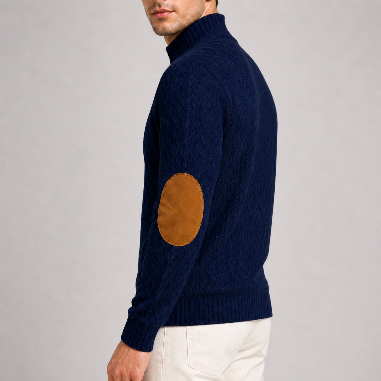 Close-up of the contrast elbow patch and jacquard texture on the Deep Navy men's stand-collar pullover