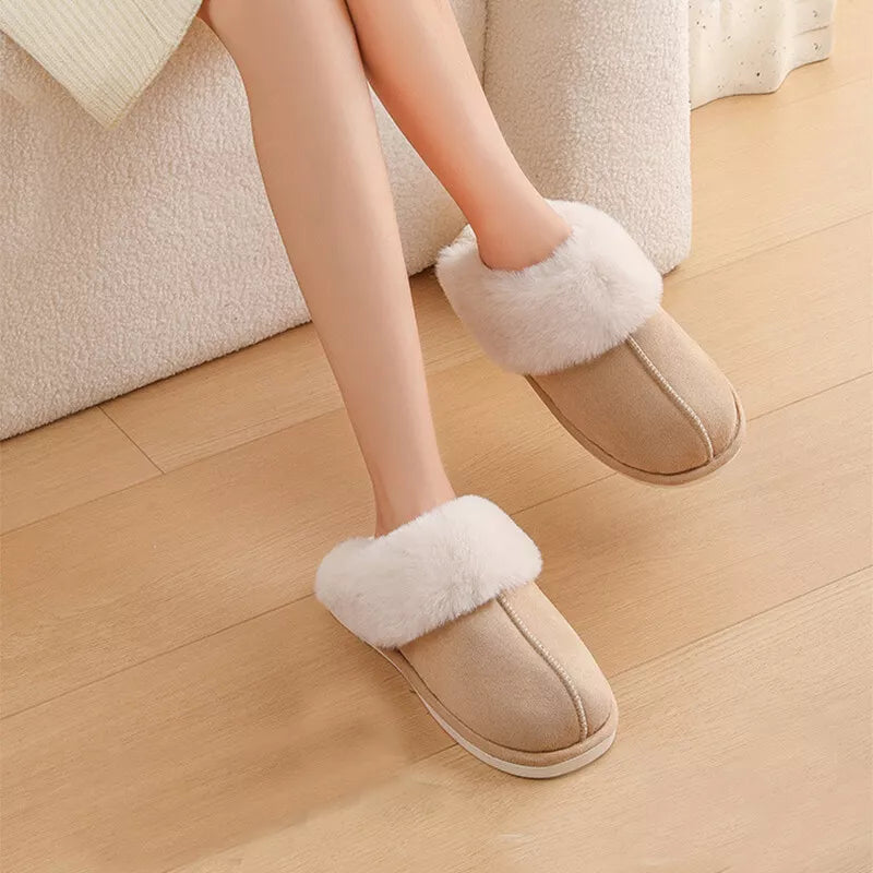 Khaki warm slippers worn on an indoor floor