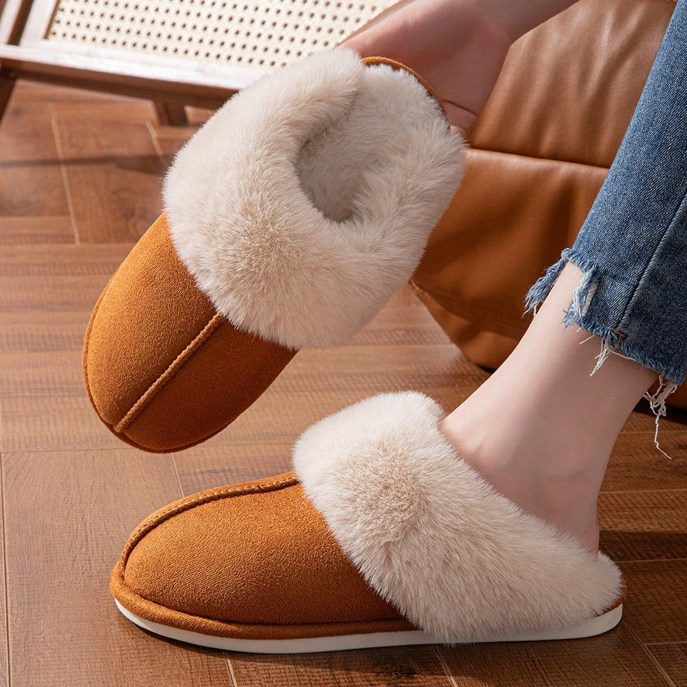 Brown warm slipper showing the heel and plush lining