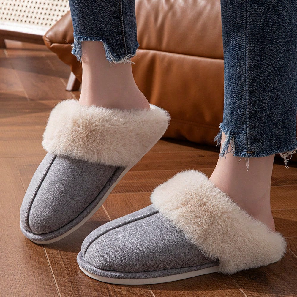 Dark grey warm slippers styled with denim