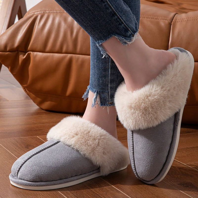 Dark grey warm slippers shown close up