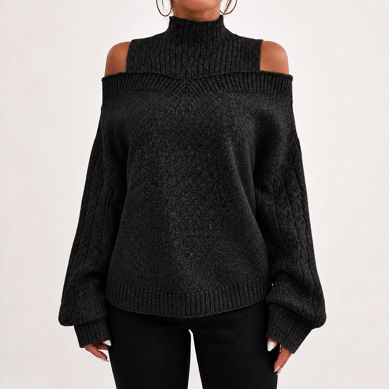 Black women's cold-shoulder mock-neck oversized knitted jumper, front studio view