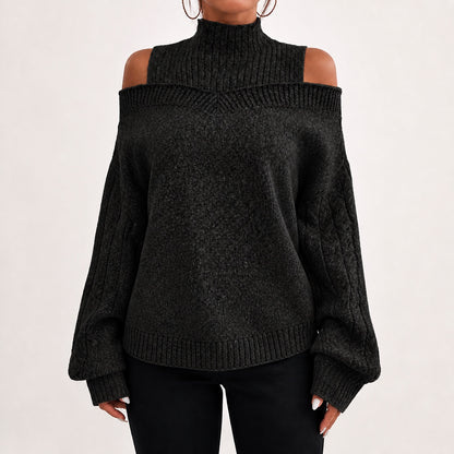 Black women's cold-shoulder mock-neck oversized knitted jumper, front studio view
