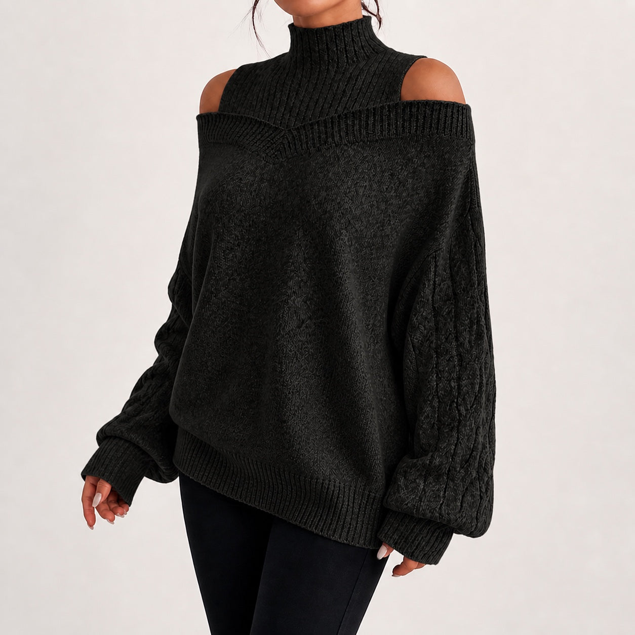 Black women's cold-shoulder mock-neck oversized knitted jumper, natural three-quarter studio view