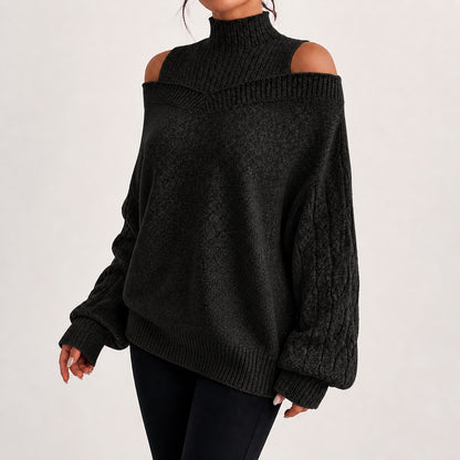 Black women's cold-shoulder mock-neck oversized knitted jumper, natural three-quarter studio view