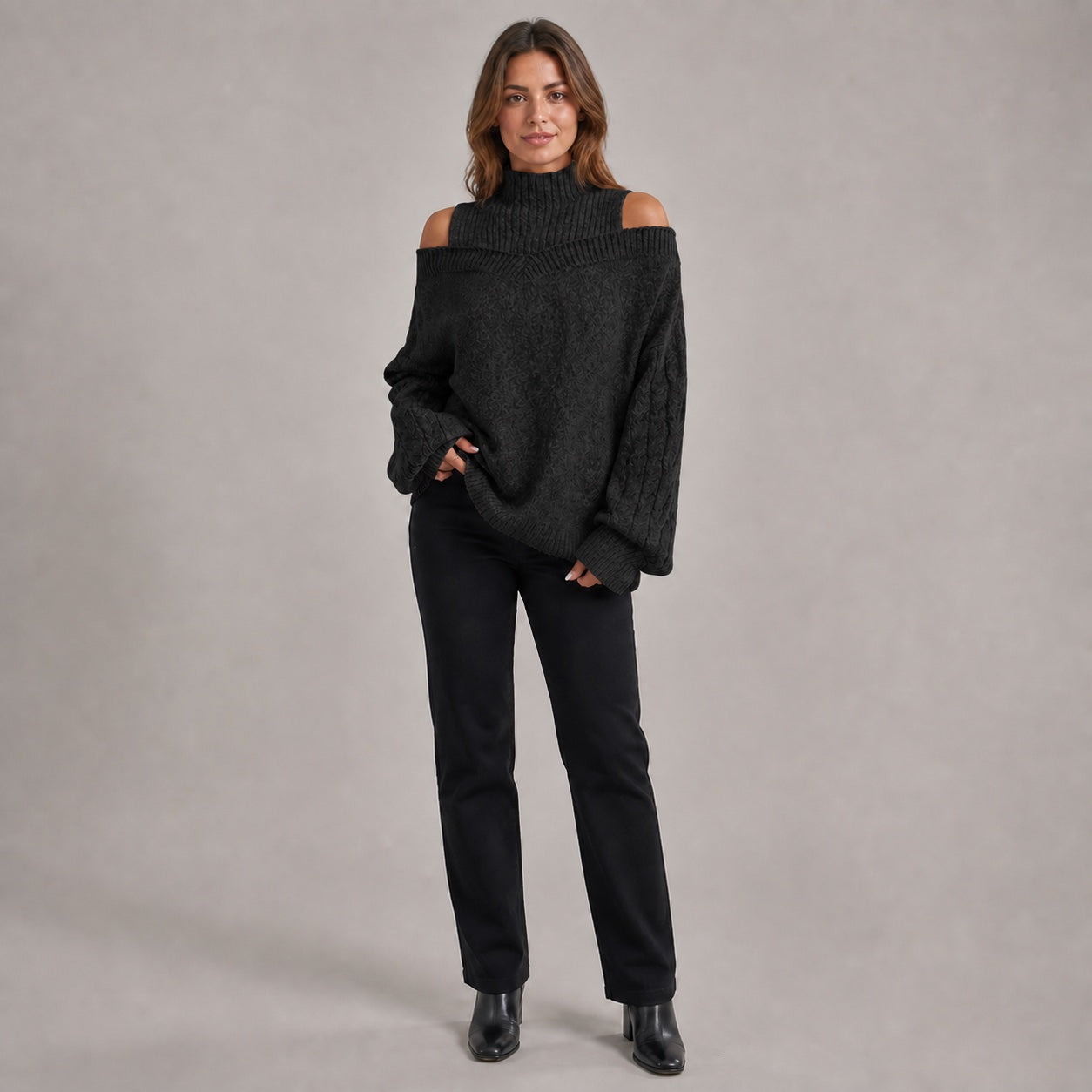 Black women's cold-shoulder mock-neck oversized knitted jumper, front full-body styling view