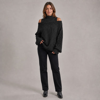 Black women's cold-shoulder mock-neck oversized knitted jumper, front full-body styling view
