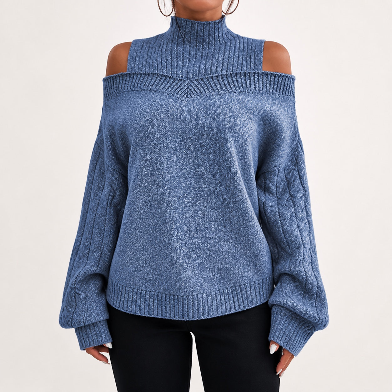 Dusty Blue women's cold-shoulder mock-neck oversized knitted jumper, front studio view