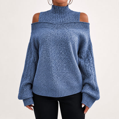 Dusty Blue women's cold-shoulder mock-neck oversized knitted jumper, front studio view