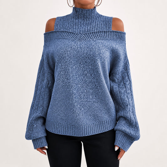 Dusty Blue women's cold-shoulder mock-neck oversized knitted jumper, front studio view