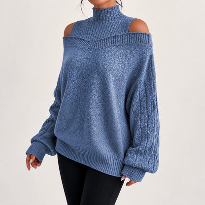 Dusty Blue women's cold-shoulder mock-neck oversized knitted jumper, natural three-quarter studio view