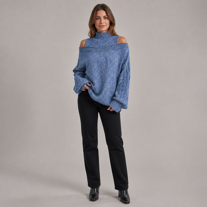 Dusty Blue women's cold-shoulder mock-neck oversized knitted jumper, front full-body styling view