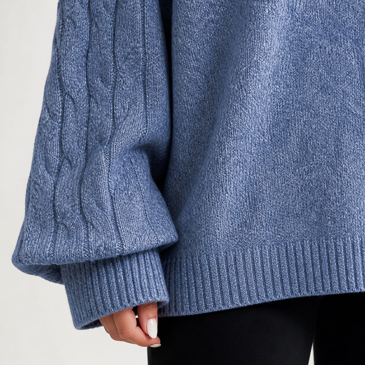 Dusty Blue women's cold-shoulder mock-neck oversized knitted jumper, cable-knit sleeve, cuff and hem detail
