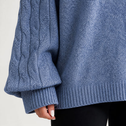Dusty Blue women's cold-shoulder mock-neck oversized knitted jumper, cable-knit sleeve, cuff and hem detail
